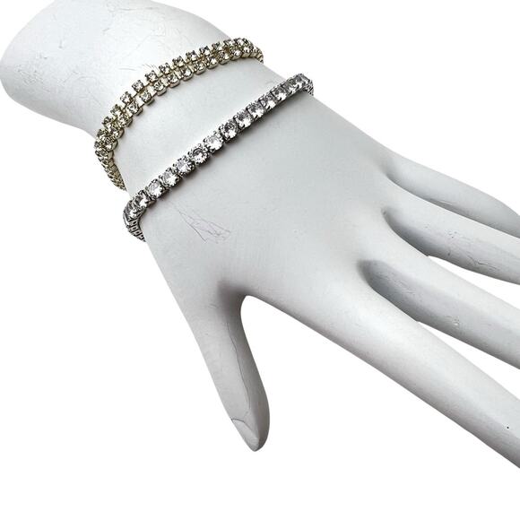 Rhinestone Tennis Bracelets Lot Of 2 Clear Sparkle Silver Tone Classic - Picture 1 of 9